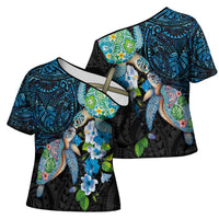 Hawaiian Couple Turtles Honi Cross Shoulder Shirt Polynesian Art Motifs and Hibiscus Black Blue Color - Polynesian Pride