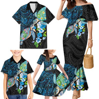 Hawaiian Couple Turtles Honi Family Matching Mermaid Dress and Hawaiian Shirt Polynesian Art Motifs and Hibiscus Black Blue Color - Polynesian Pride