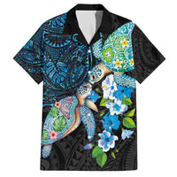 Hawaiian Couple Turtles Honi Family Matching Off The Shoulder Long Sleeve Dress and Hawaiian Shirt Polynesian Art Motifs and Hibiscus Black Blue Color - Polynesian Pride