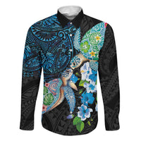 Hawaiian Couple Turtles Honi Family Matching Off Shoulder Short Dress and Hawaiian Shirt Polynesian Art Motifs and Hibiscus Black Blue Color LT03 Dad's Shirt - Long Sleeve Black - Polynesian Pride