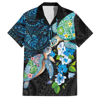 Hawaiian Couple Turtles Honi Family Matching Puletasi and Hawaiian Shirt Polynesian Art Motifs and Hibiscus Black Blue Color - Polynesian Pride