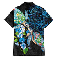 Hawaiian Couple Turtles Honi Family Matching Puletasi and Hawaiian Shirt Polynesian Art Motifs and Hibiscus Black Blue Color - Polynesian Pride