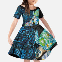 Hawaiian Couple Turtles Honi Family Matching Short Sleeve Bodycon Dress and Hawaiian Shirt Polynesian Art Motifs and Hibiscus Black Blue Color - Polynesian Pride