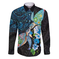 Hawaiian Couple Turtles Honi Family Matching Short Sleeve Bodycon Dress and Hawaiian Shirt Polynesian Art Motifs and Hibiscus Black Blue Color - Polynesian Pride