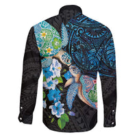 Hawaiian Couple Turtles Honi Family Matching Short Sleeve Bodycon Dress and Hawaiian Shirt Polynesian Art Motifs and Hibiscus Black Blue Color - Polynesian Pride