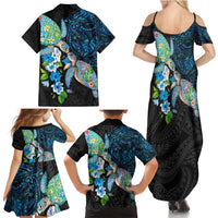 Hawaiian Couple Turtles Honi Family Matching Summer Maxi Dress and Hawaiian Shirt Polynesian Art Motifs and Hibiscus Black Blue Color - Polynesian Pride