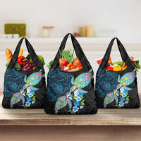 Hawaiian Couple Turtles Honi Grocery Bag Polynesian Art Motifs and Hibiscus Black Blue Color - Polynesian Pride