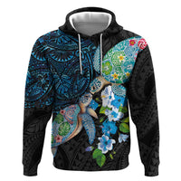 Hawaiian Couple Turtles Honi Hoodie Polynesian Art Motifs and Hibiscus Black Blue Color - Polynesian Pride
