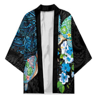 Hawaiian Couple Turtles Honi Kimono Polynesian Art Motifs and Hibiscus Black Blue Color - Polynesian Pride
