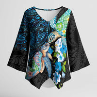 Hawaiian Couple Turtles Honi Kimono Sleeve Blouse Polynesian Art Motifs and Hibiscus Black Blue Color - Polynesian Pride