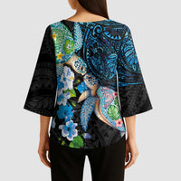 Hawaiian Couple Turtles Honi Kimono Sleeve Blouse Polynesian Art Motifs and Hibiscus Black Blue Color - Polynesian Pride