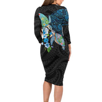 Hawaiian Couple Turtles Honi Long Sleeve Bodycon Dress Polynesian Art Motifs and Hibiscus Black Blue Color - Polynesian Pride