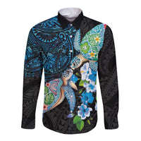 Hawaiian Couple Turtles Honi Long Sleeve Button Shirt Polynesian Art Motifs and Hibiscus Black Blue Color - Polynesian Pride