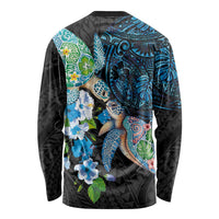 Hawaiian Couple Turtles Honi Long Sleeve Shirt Polynesian Art Motifs and Hibiscus Black Blue Color - Polynesian Pride