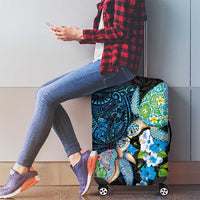Hawaiian Couple Turtles Honi Luggage Cover Polynesian Art Motifs and Hibiscus Black Blue Color - Polynesian Pride