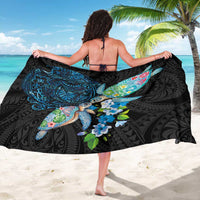 Hawaiian Couple Turtles Honi Sarong Polynesian Art Motifs and Hibiscus Black Blue Color - Polynesian Pride
