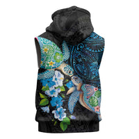 Hawaiian Couple Turtles Honi Sleeveless Zip Hoodie Polynesian Art Motifs and Hibiscus Black Blue Color - Polynesian Pride