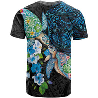 Hawaiian Couple Turtles Honi T Shirt Polynesian Art Motifs and Hibiscus Black Blue Color - Polynesian Pride