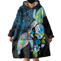 Hawaiian Couple Turtles Honi Wearable Blanket Hoodie Polynesian Art Motifs and Hibiscus Black Blue Color - Polynesian Pride
