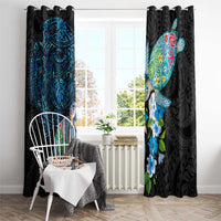 Hawaiian Couple Turtles Honi Window Curtain Polynesian Art Motifs and Hibiscus Black Blue Color - Polynesian Pride
