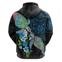 Hawaiian Couple Turtles Honi Zip Hoodie Polynesian Art Motifs and Hibiscus Black Blue Color - Polynesian Pride