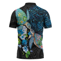 Hawaiian Couple Turtles Honi Zipper Polo Shirt Polynesian Art Motifs and Hibiscus Black Blue Color - Polynesian Pride