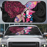 Hawaiian Couple Turtles Honi Auto Sun Shade Polynesian Art Motifs and Hibiscus Black Red Color - Polynesian Pride