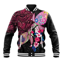 Hawaiian Couple Turtles Honi Baseball Jacket Polynesian Art Motifs and Hibiscus Black Red Color - Polynesian Pride