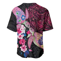 Hawaiian Couple Turtles Honi Baseball Jersey Polynesian Art Motifs and Hibiscus Black Red Color - Polynesian Pride