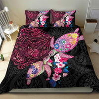 Hawaiian Couple Turtles Honi Bedding Set Polynesian Art Motifs and Hibiscus Black Red Color - Polynesian Pride