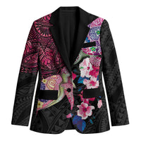 Hawaiian Couple Turtles Honi Blazer Polynesian Art Motifs and Hibiscus Black Red Color - Polynesian Pride