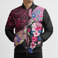 Hawaiian Couple Turtles Honi Bomber Puffer Jacket Polynesian Art Motifs and Hibiscus Black Red Color - Polynesian Pride
