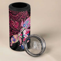 Hawaiian Couple Turtles Honi 4 in 1 Can Cooler Tumbler Polynesian Art Motifs and Hibiscus Black Red Color - Polynesian Pride