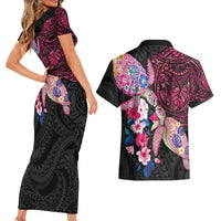 Hawaiian Couple Turtles Honi Couples Matching Short Sleeve Bodycon Dress and Hawaiian Shirt Polynesian Art Motifs and Hibiscus Black Red Color - Polynesian Pride