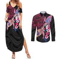 Hawaiian Couple Turtles Honi Couples Matching Summer Maxi Dress and Long Sleeve Button Shirt Polynesian Art Motifs and Hibiscus Black Red Color LT03 Black - Polynesian Pride