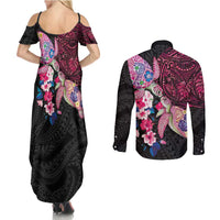 Hawaiian Couple Turtles Honi Couples Matching Summer Maxi Dress and Long Sleeve Button Shirt Polynesian Art Motifs and Hibiscus Black Red Color - Polynesian Pride