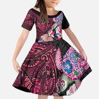 Hawaiian Couple Turtles Honi Family Matching Mermaid Dress and Hawaiian Shirt Polynesian Art Motifs and Hibiscus Black Red Color LT03 Daughter's Dress Black - Polynesian Pride