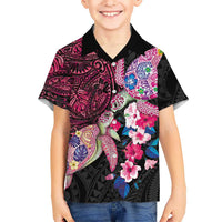 Hawaiian Couple Turtles Honi Family Matching Off The Shoulder Long Sleeve Dress and Hawaiian Shirt Polynesian Art Motifs and Hibiscus Black Red Color LT03 Son's Shirt Black - Polynesian Pride