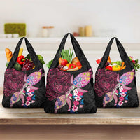 Hawaiian Couple Turtles Honi Grocery Bag Polynesian Art Motifs and Hibiscus Black Red Color - Polynesian Pride