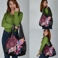 Hawaiian Couple Turtles Honi Grocery Bag Polynesian Art Motifs and Hibiscus Black Red Color - Polynesian Pride