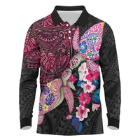 Hawaiian Couple Turtles Honi Long Sleeve Polo Shirt Polynesian Art Motifs and Hibiscus Black Red Color - Polynesian Pride