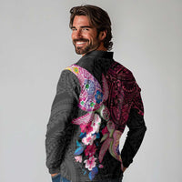 Hawaiian Couple Turtles Honi Long Sleeve Polo Shirt Polynesian Art Motifs and Hibiscus Black Red Color - Polynesian Pride