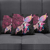 Hawaiian Couple Turtles Honi Pillow Cover Polynesian Art Motifs and Hibiscus Black Red Color - Polynesian Pride