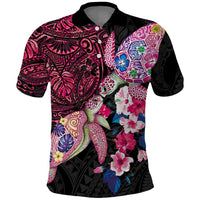 Hawaiian Couple Turtles Honi Polo Shirt Polynesian Art Motifs and Hibiscus Black Red Color - Polynesian Pride
