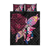 Hawaiian Couple Turtles Honi Quilt Bed Set Polynesian Art Motifs and Hibiscus Black Red Color - Polynesian Pride