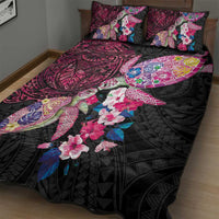 Hawaiian Couple Turtles Honi Quilt Bed Set Polynesian Art Motifs and Hibiscus Black Red Color - Polynesian Pride