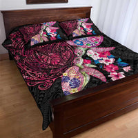 Hawaiian Couple Turtles Honi Quilt Bed Set Polynesian Art Motifs and Hibiscus Black Red Color - Polynesian Pride