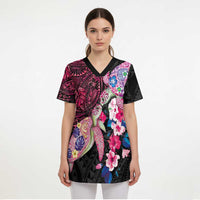 Hawaiian Couple Turtles Honi Scrub Top Polynesian Art Motifs and Hibiscus Black Red Color - Polynesian Pride