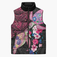 Hawaiian Couple Turtles Honi Sleeveless Puffer Jacket Polynesian Art Motifs and Hibiscus Black Red Color - Polynesian Pride