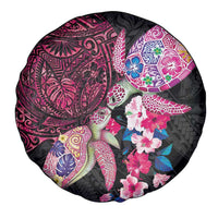 Hawaiian Couple Turtles Honi Spare Tire Cover Polynesian Art Motifs and Hibiscus Black Red Color - Polynesian Pride
